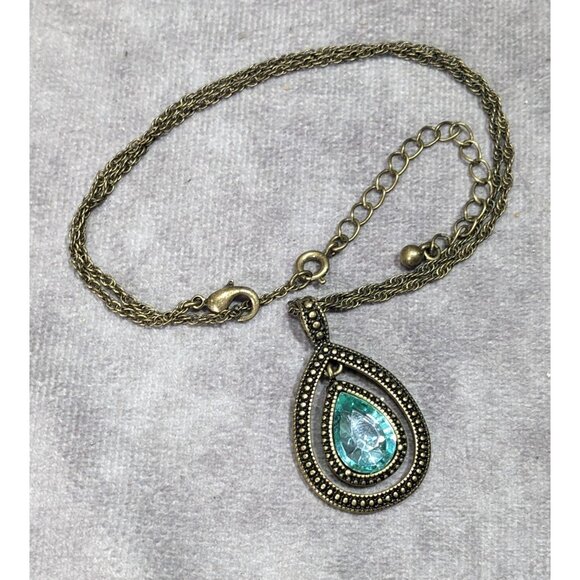 Whimsical Teardrop Blue Gemmed Gold Tone Pendant Necklace - Picture 7 of 7